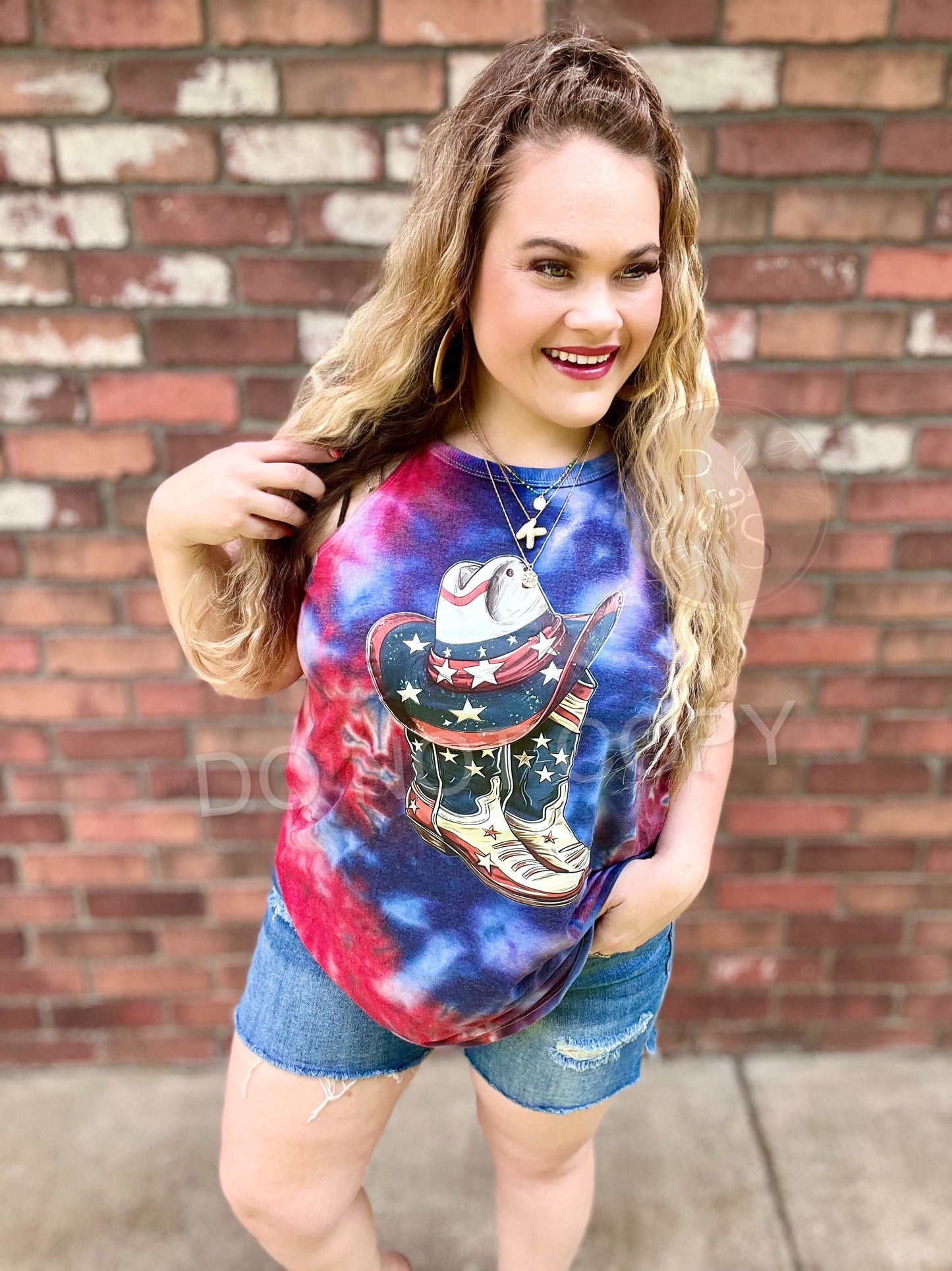 READY TO SHIP: Small & Medium - Red White And Boots - Ice Dyed Rocker Tank
