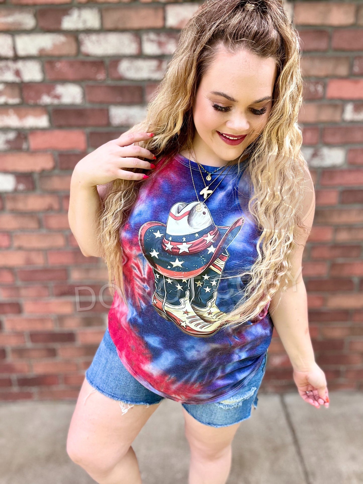 READY TO SHIP: Small & Medium - Red White And Boots - Ice Dyed Rocker Tank
